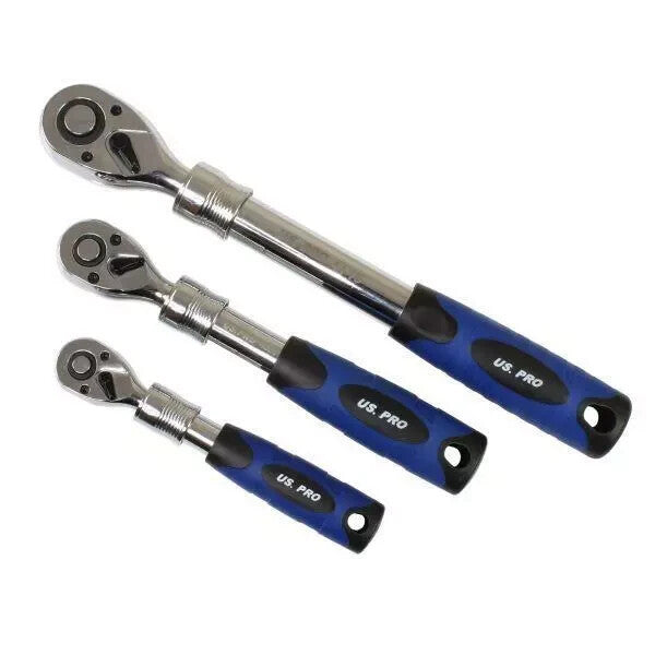 US PRO Tools 3pc Extendable Ratchet Set 1/4" 3/8" 1/2" Drives In Foam Tray 4205