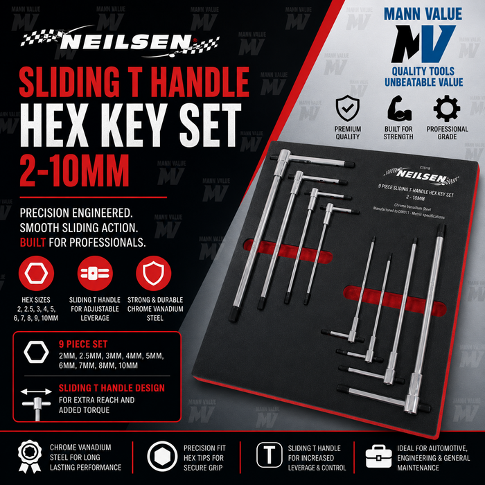Neilsen 8pcs Long Sliding T-handle Allen Hex Key Wrench Set 2-10mm T Handle Keys