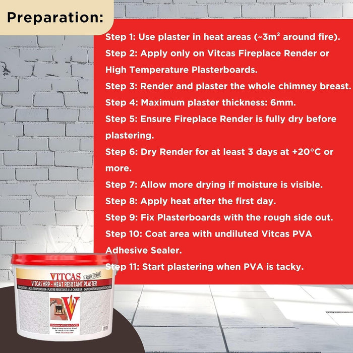 VITCAS 10KG Heat Resistant Plaster – Smooth Finish for Fireplaces, Stoves, ect