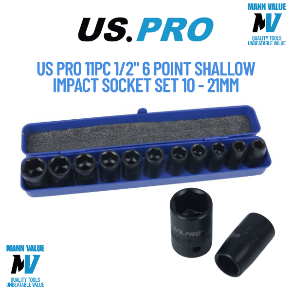US PRO Tools 11PC 1/2" DR 6 Point Shallow Impact Metric Socket Set 10 - 21mm