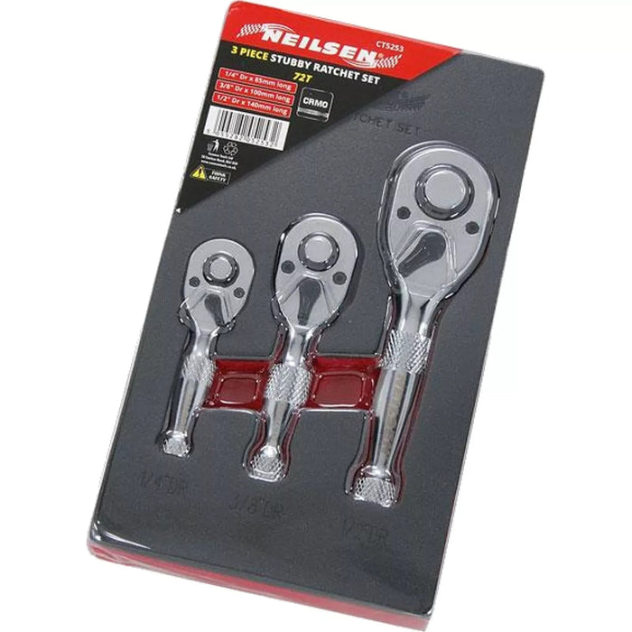 Neilsen Stubby Socket Ratchet Handle Set 1/4" 3/8" 1/2" 72T Set In EVA Foam 3pc