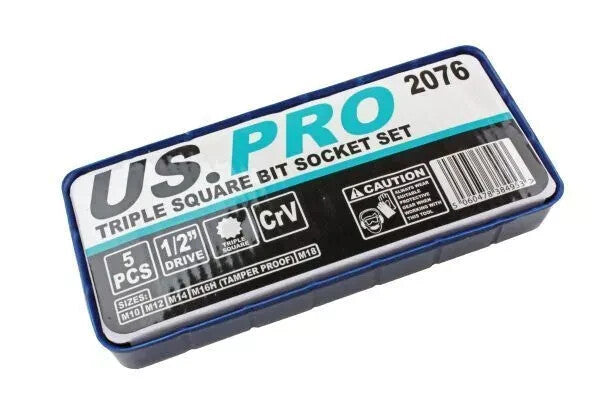 US PRO 5 Piece 1/2" Drive Spline Triple Square Bit Sockets M10 - M18 2076