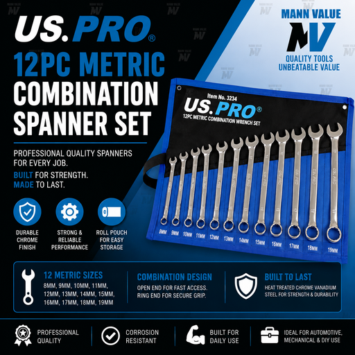 US PRO Tools 12pc Combination Spanner Set Metric 8 - 19mm 3234