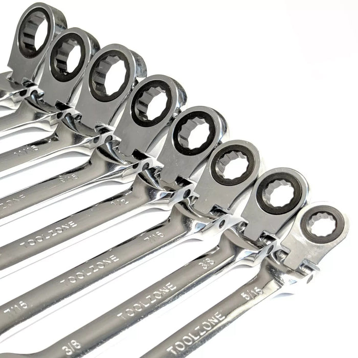 AF Ratchet Spanner Set Flexi Head Imperial Combination Open Ring 8 Pc Tool SAE