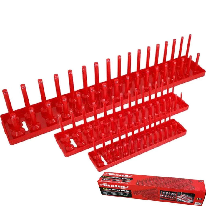 Neilsen 3pc Socket Stand Tray Rack Storage Rail Holder 1/2" 3/8" 1/4" Sockets