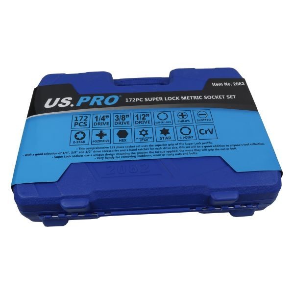 US PRO 172 Piece Metric 1/4 - 3/8 - 1/2" Drive Superlock Socket Set 2082