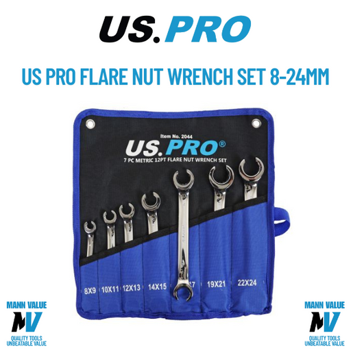 US PRO Tools 7pc 12 Point Open Brake Flare Nut Spanners Wrench Set 8 - 24mm 2044