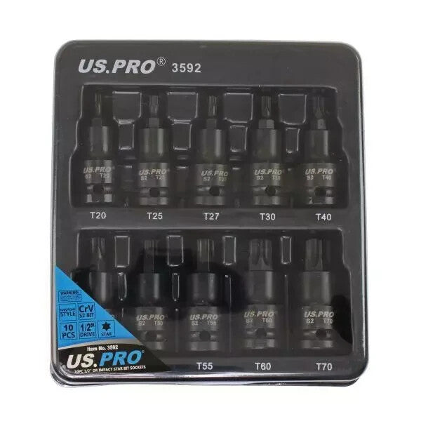 US PRO Tools 10PC 1/2" DR Torx Impact Star Bit Socket Set T20 - T70 3592