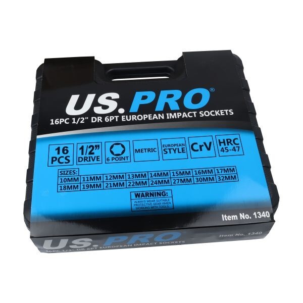 US PRO 1340 1/2'' Dr 6-Point Deep Impact 16-Pcs Socket Set - 10-32mm