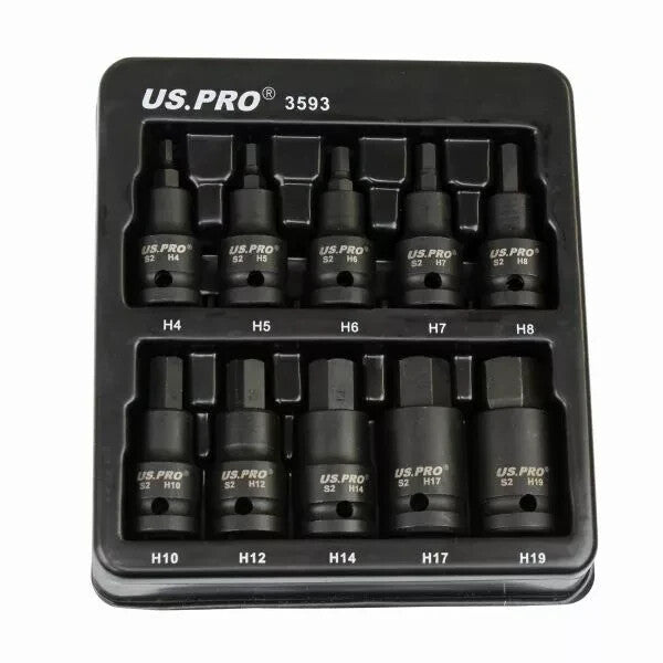 US Pro 10pc Impact Hex Socket Bit Set 1/2'' Drive 4mm to 19mm Allen Key Sockets