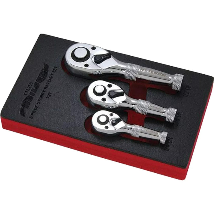 Neilsen Stubby Socket Ratchet Handle Set 1/4" 3/8" 1/2" 72T Set In EVA Foam 3pc