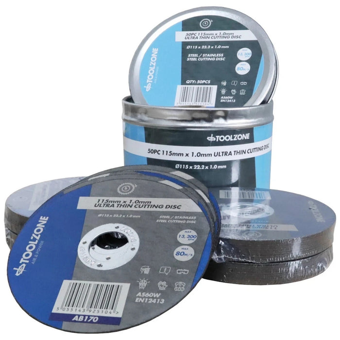 50 Cutting Discs 115 X 1 X 22.22mm Steel INOX Stainless Iron Metal + Storage Tin