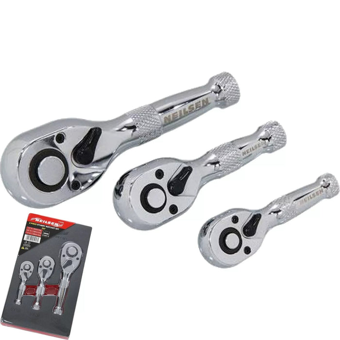 Neilsen Stubby Socket Ratchet Handle Set 1/4" 3/8" 1/2" 72T Set In EVA Foam 3pc