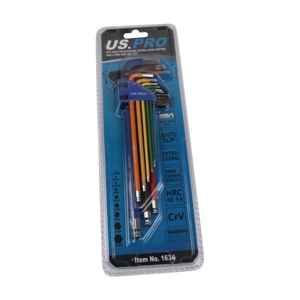 US PRO TOOLS 9pc Multicoloured Extra Long Metric Ball End Hex Key Set 1634