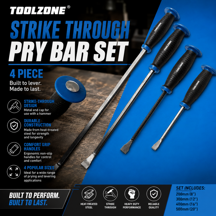 Strike Through Cap Pry Bar Set 4 Piece Heavy Duty Soft Grip Handle Prying Bars