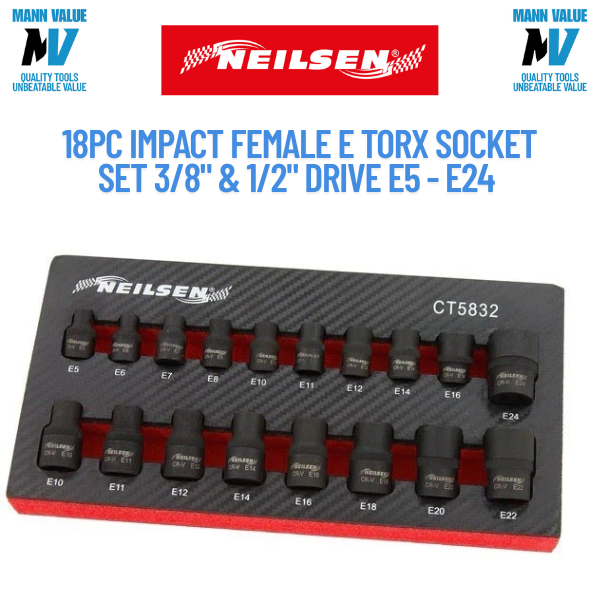 18pc Impact Female E Star Torx Socket Set 3/8" & 1/2" Drive E5 - E24 Neilsen
