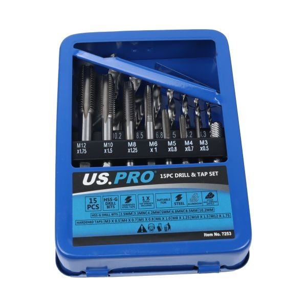 US PRO 15PC Metric Drill & Tap Set M3 M4 M5 M6 M7 M8 M10 M12 Coarse 7253