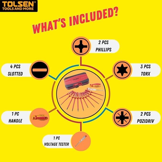 Tolsen VDE Screwdriver Set 13-Piece Slotted/PH1/PH2/PZ/Torx DIY Hand Tool Kit