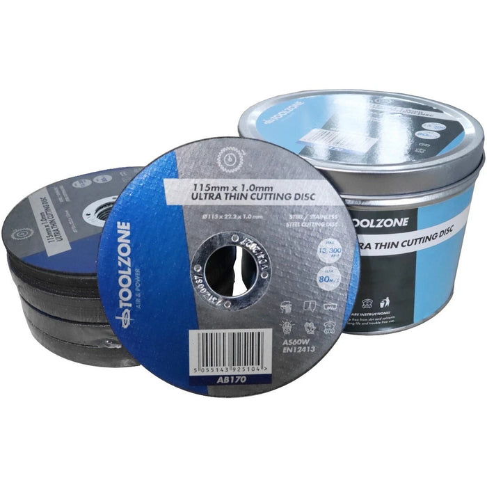50 Cutting Discs 115 X 1 X 22.22mm Steel INOX Stainless Iron Metal + Storage Tin