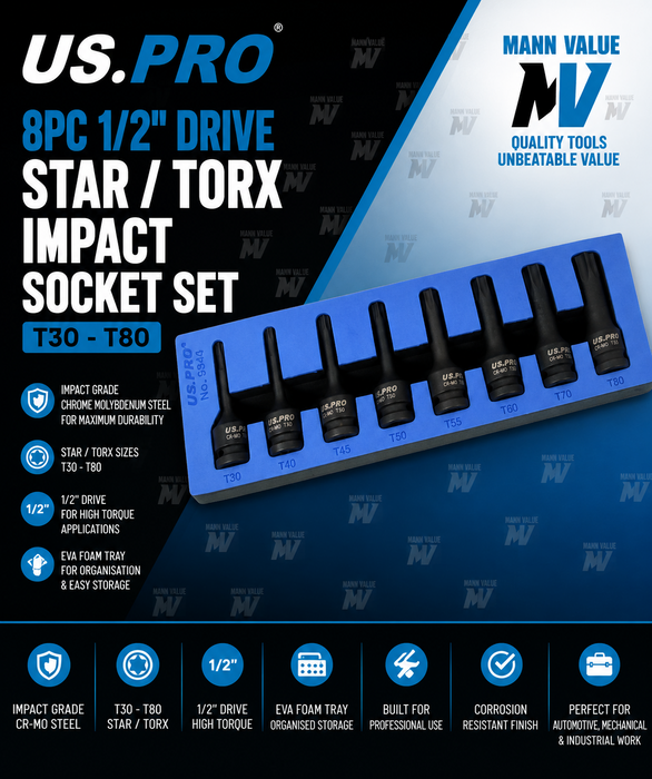 US PRO 8pc 1/2" Drive Star / Torx Bit Impact Socket Set T30 - T80 EVA foam 3846