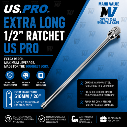 US PRO Extra Long 510mm 1/2 DR 72T Quick Release Ratchet Quick Release 4154