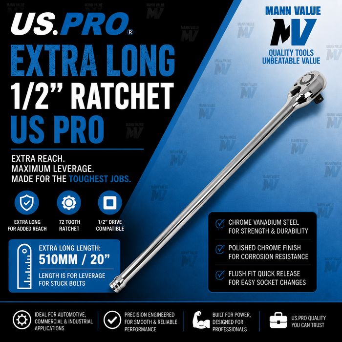US PRO Extra Long 510mm 1/2 DR 72T Quick Release Ratchet Quick Release 4154
