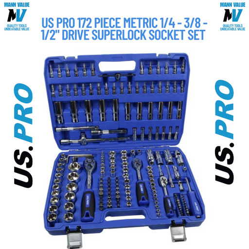 US PRO 172 Piece Metric 1/4 - 3/8 - 1/2" Drive Superlock Socket Set 2082