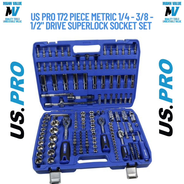 US PRO 172 Piece Metric 1/4 - 3/8 - 1/2" Drive Superlock Socket Set 2082