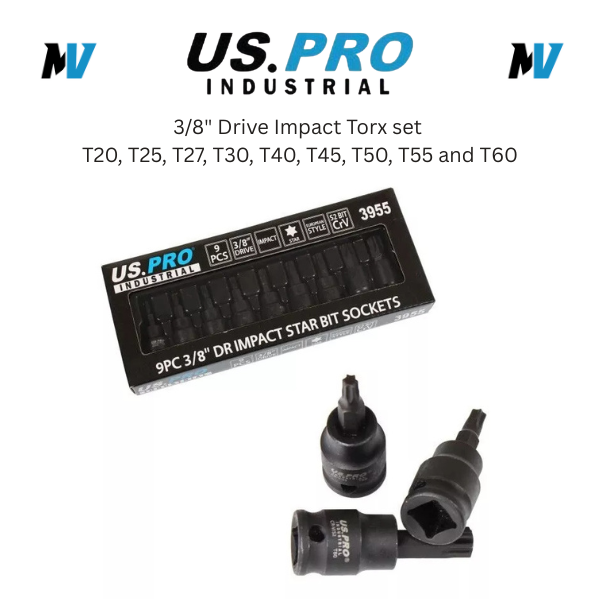 US PRO INDUSTRIAL 9pc 3/8” DR Impact Torx Star Bit Sockets Set T20 - T60 3955