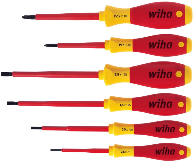 WIHA 6 Piece Electricians VDE 1000v Insulated Slot & Pozi Screwdriver Set, 25477